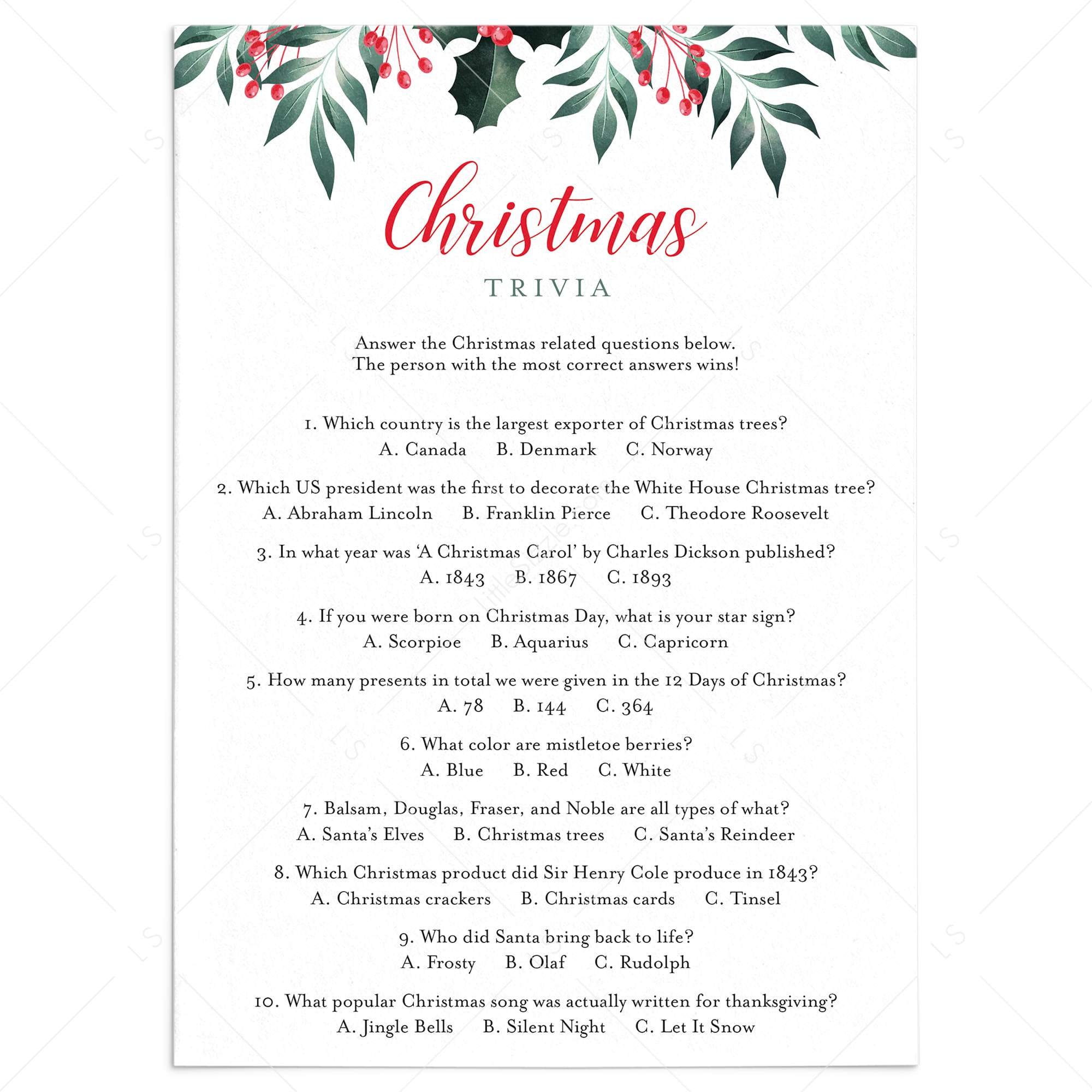 Printable Multiple Choice Christmas Quiz with Answer Key by LittleSizzle