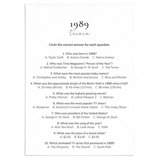 1989 Quiz and Answers Printable by LittleSizzle