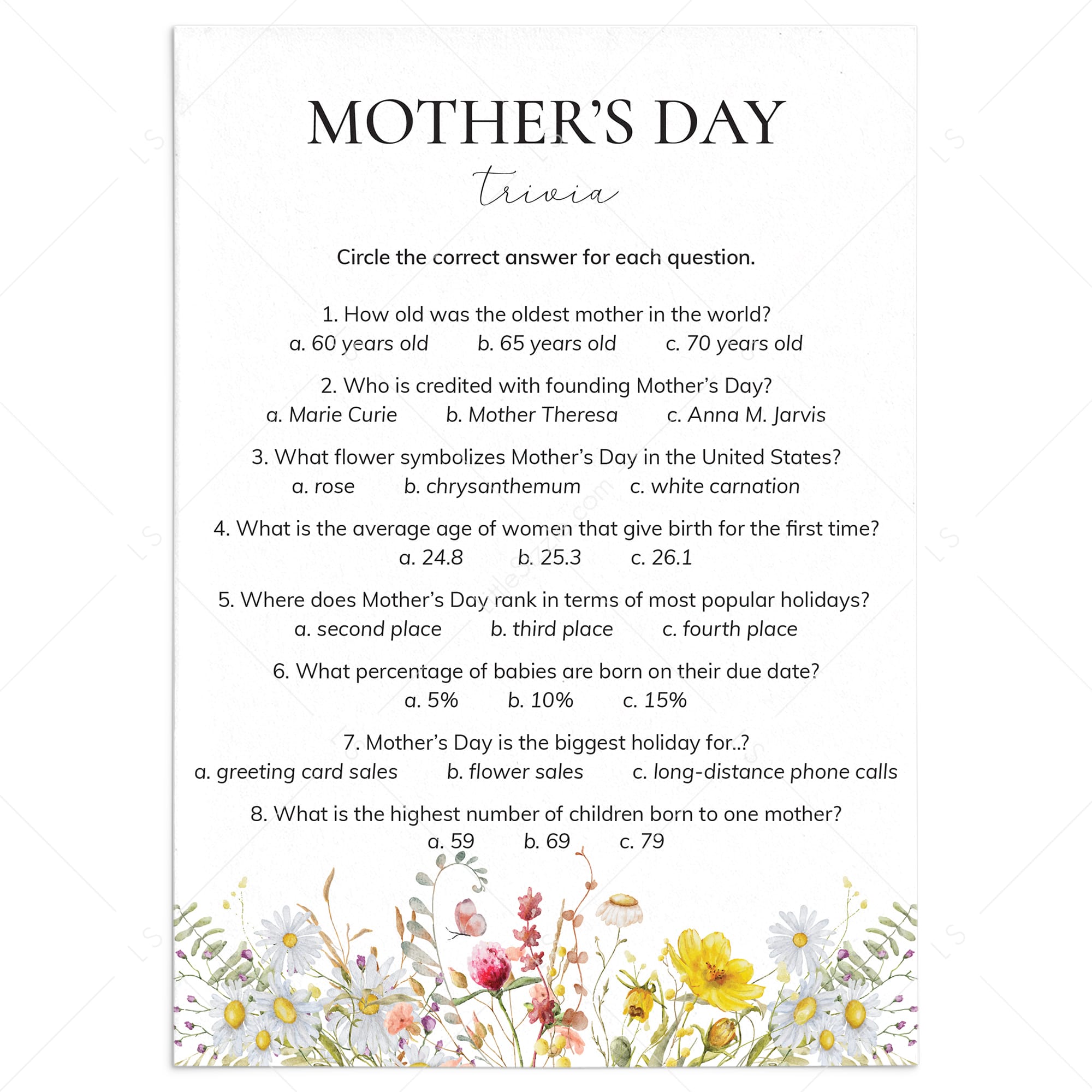 Mother's Day Multiple Choice Trivia with Answers Printable by LittleSizzle