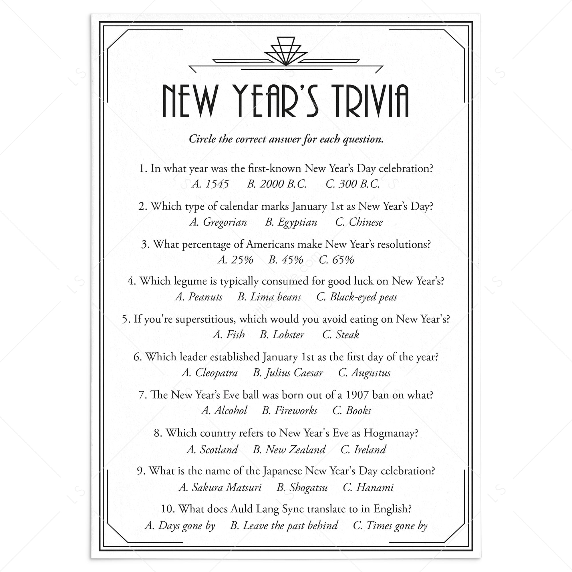Art Deco New Year's Eve Trivia Quiz with Answers Printable by LittleSizzle