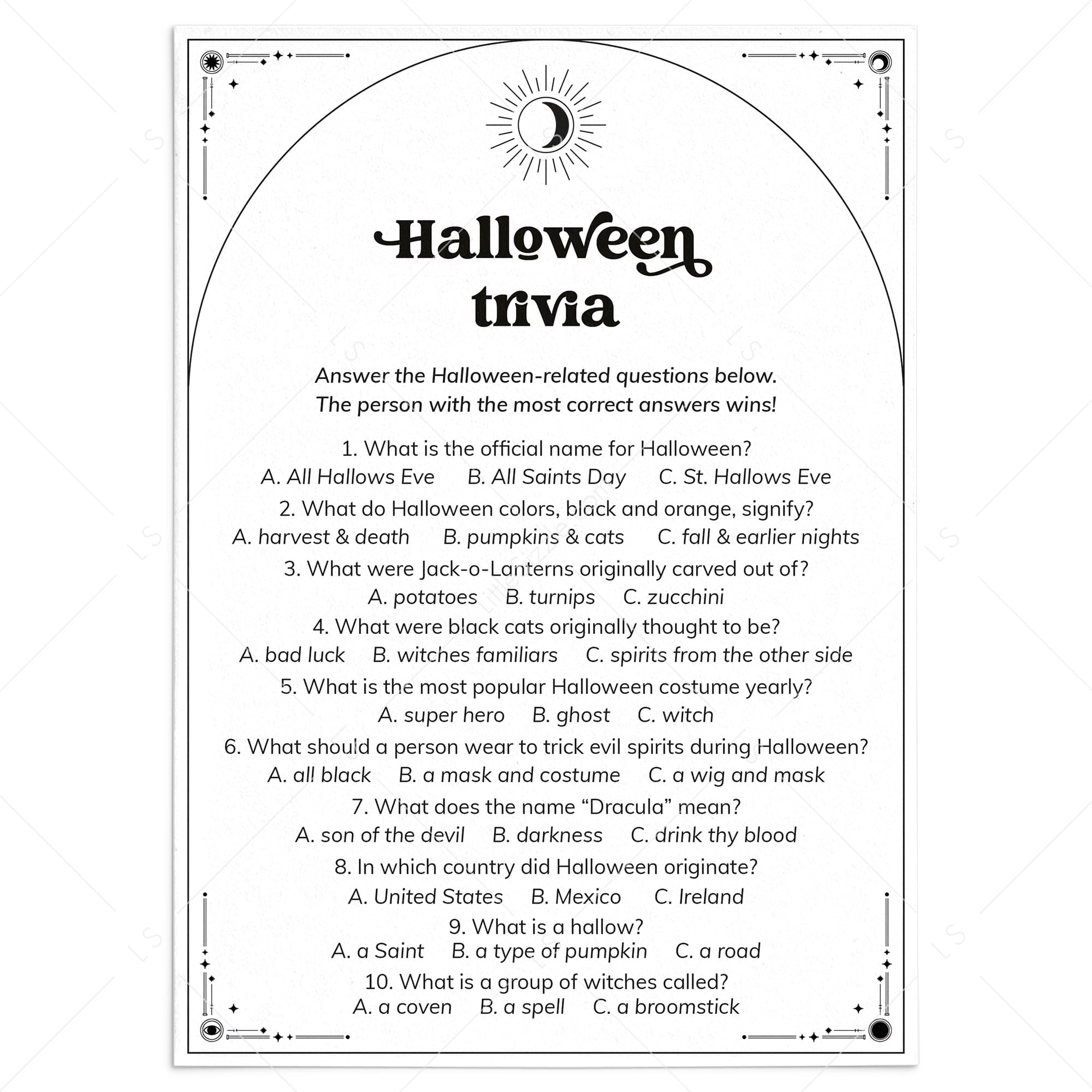 Printable Halloween Trivia Questions and Answers Celestial Theme by LittleSizzle