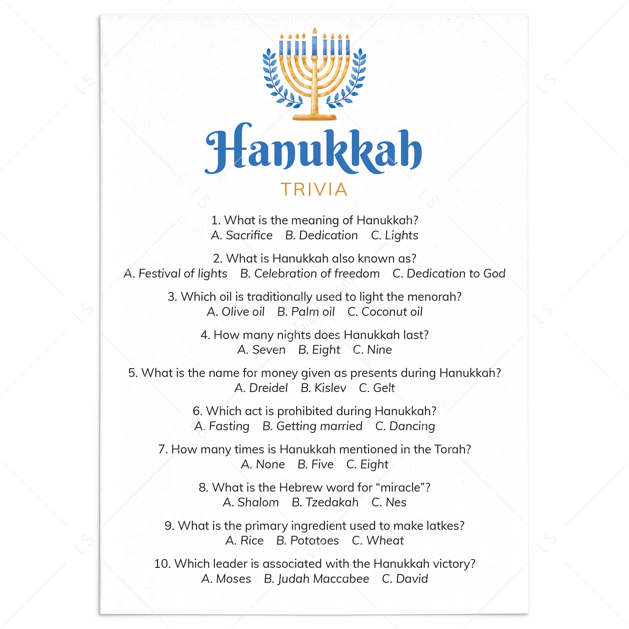 Chanukah Trivia Questions and Answers Printable by LittleSizzle