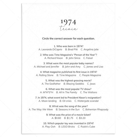 1974 Quiz and Answers Printable | All About The Year 1974 Trivia ...