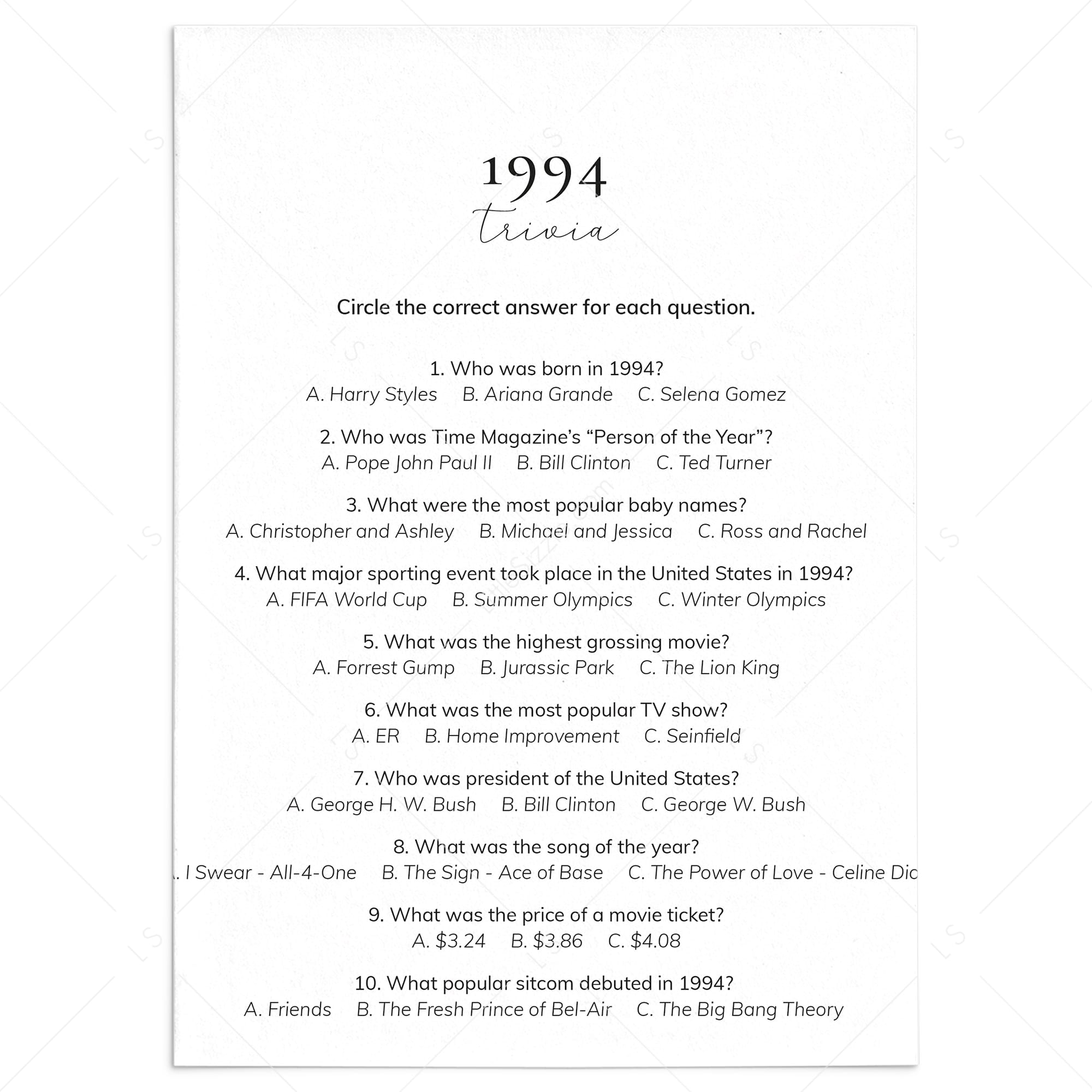 1994 Quiz and Answers Printable by LittleSizzle