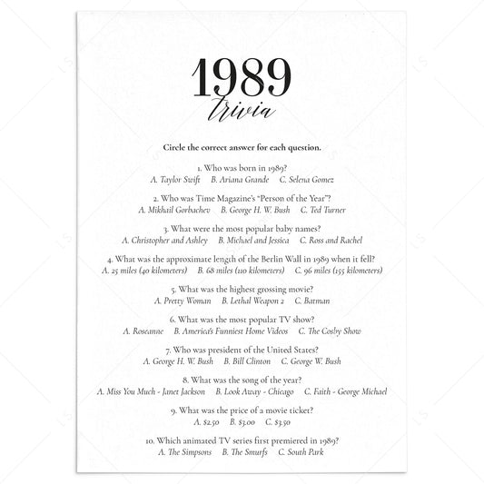 1989 Fun Facts Quiz with Answers Printable by LittleSizzle