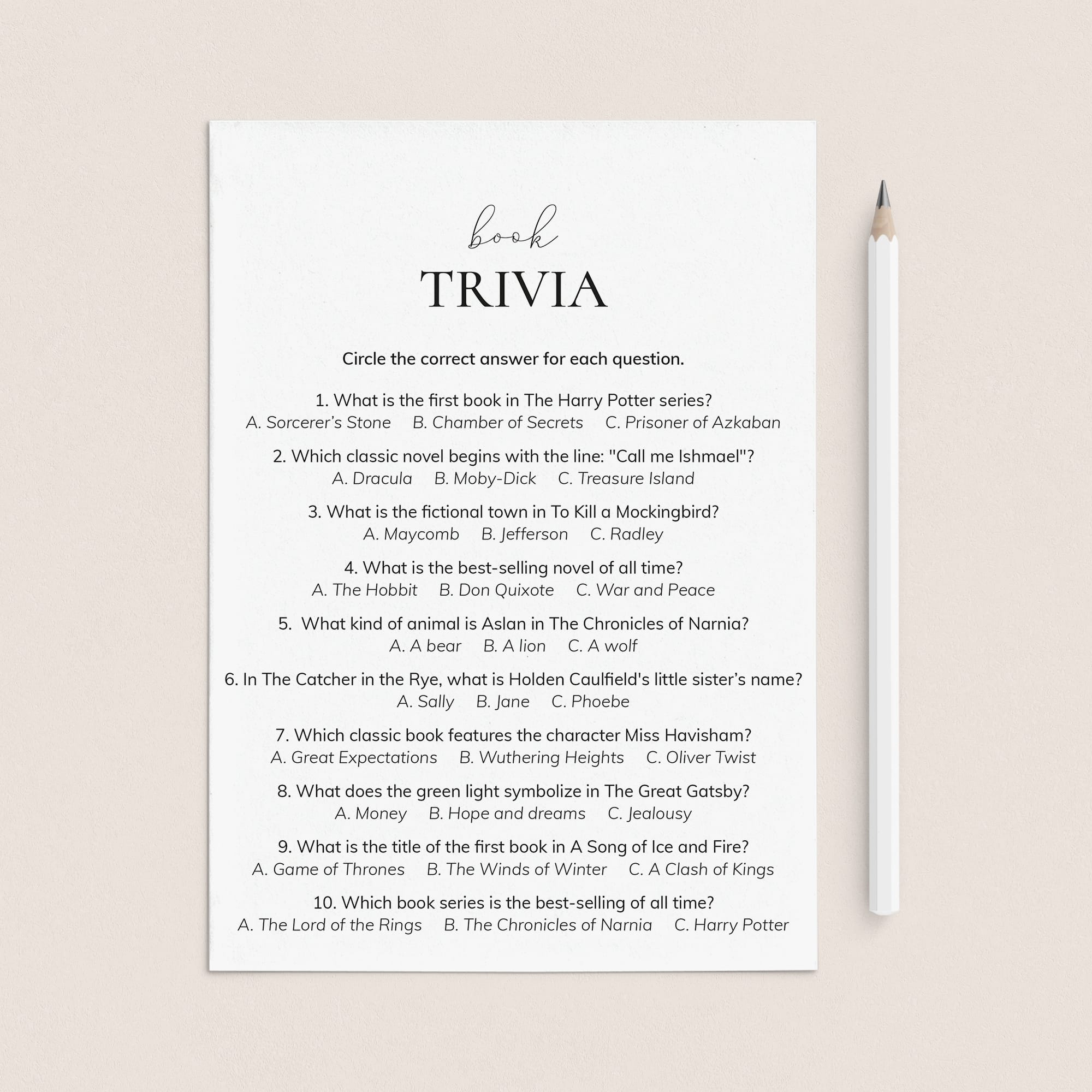 Book Trivia Quiz with 10 Multiple Choice Questions and Answers Printable by LittleSizzle
