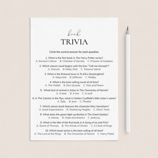 Book Trivia Quiz with 10 Multiple Choice Questions and Answers Printable by LittleSizzle