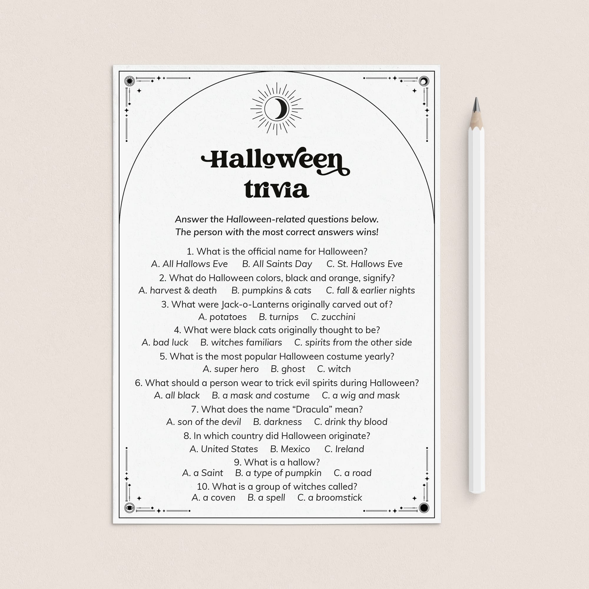 Printable Halloween Trivia Questions and Answers Celestial Theme by LittleSizzle