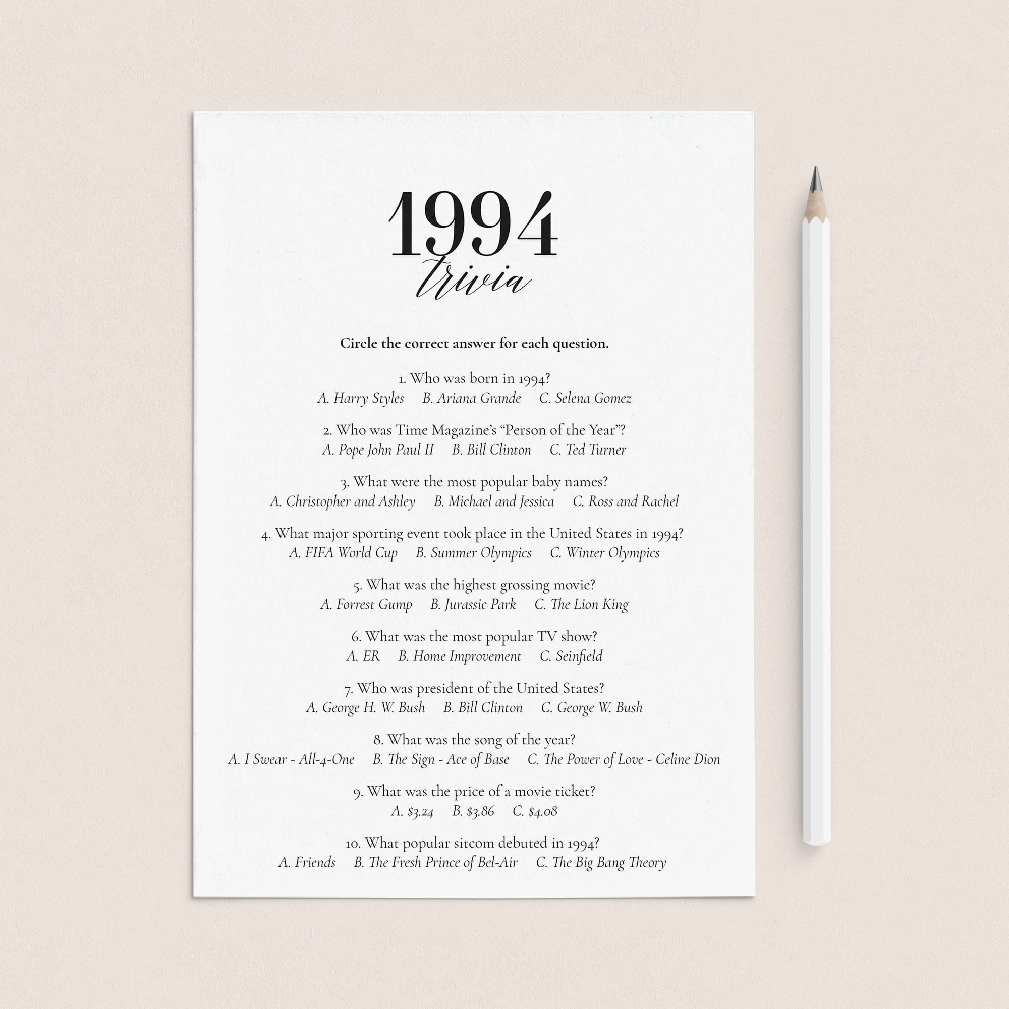 1994 Fun Facts Quiz with Answers Printable by LittleSizzle
