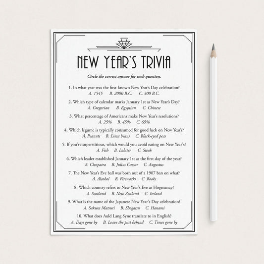 Art Deco New Year's Eve Trivia Quiz with Answers Printable by LittleSizzle