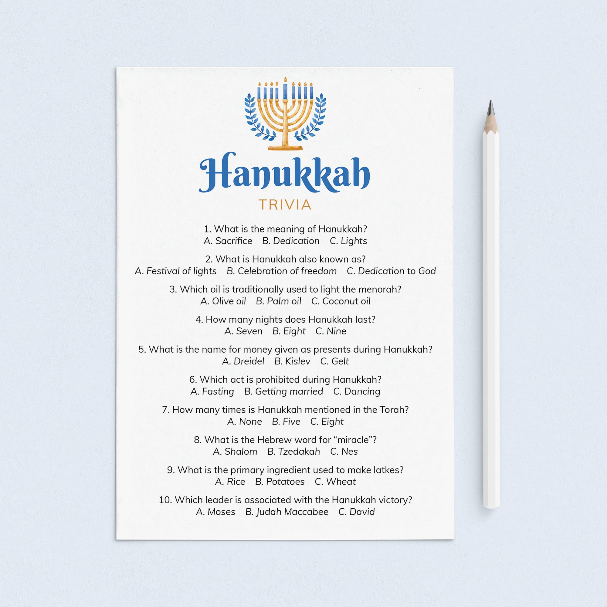 Chanukah Trivia Questions and Answers Printable by LittleSizzle