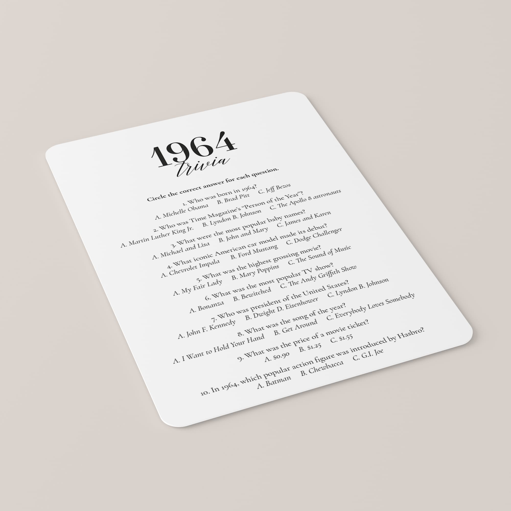 1964 Fun Facts Quiz with Answers Printable | 1964 Pop Culture Trivia ...