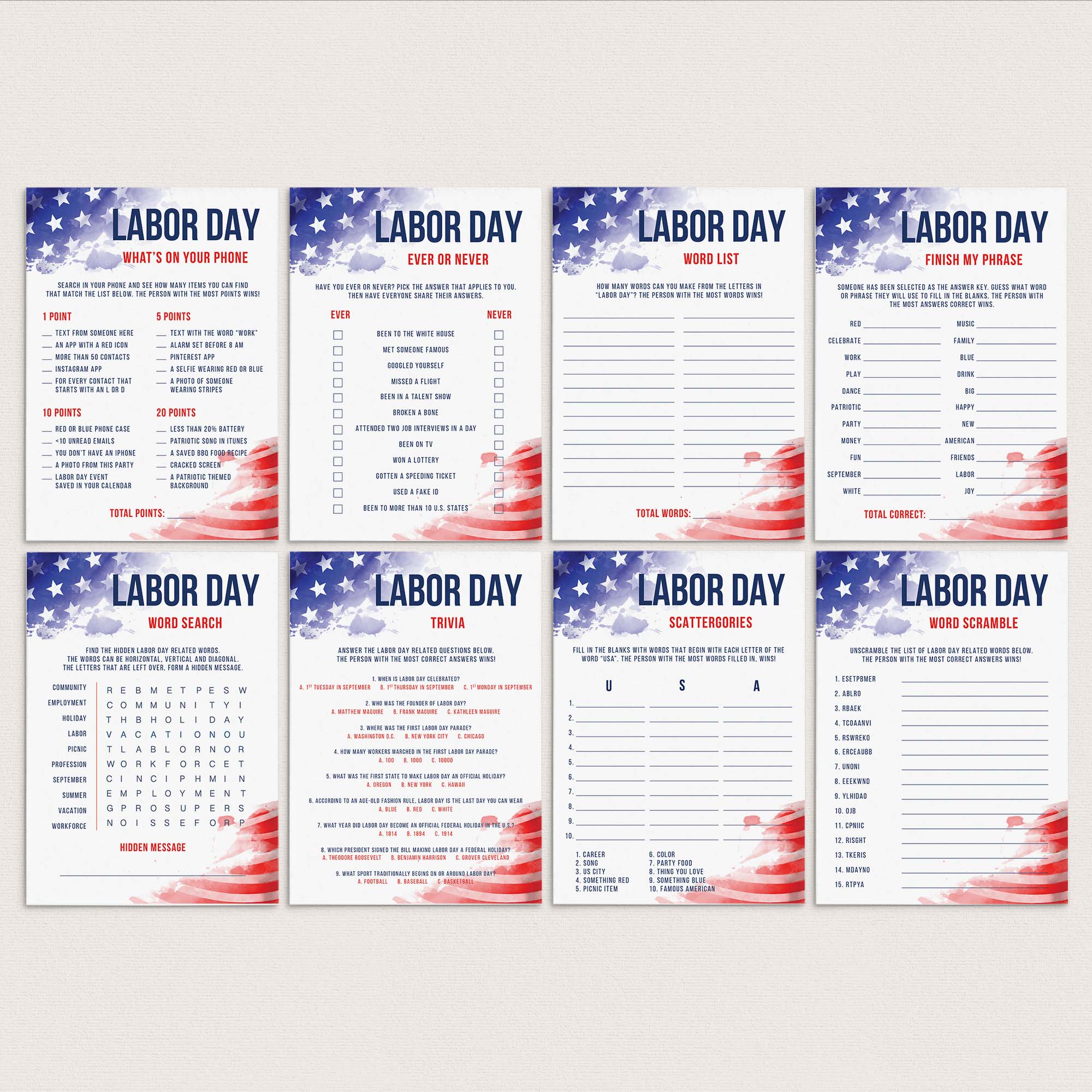 Printable Labor Day Games and Activities Pack by LittleSizzle