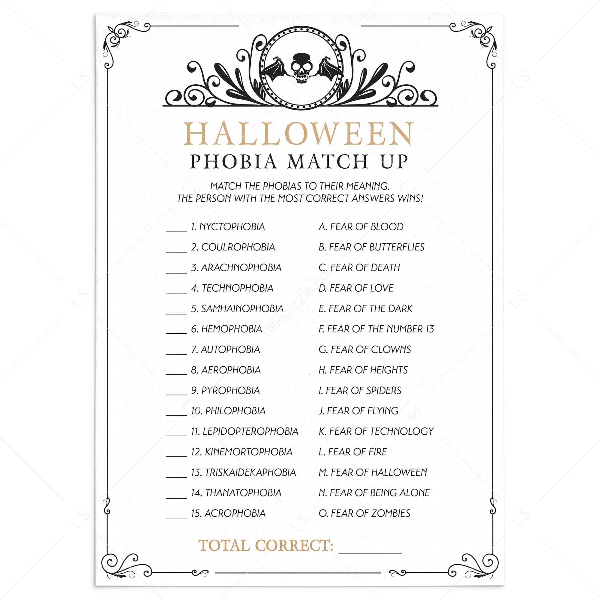 Match That Phobia Halloween Quiz with Answers Printable by LittleSizzle