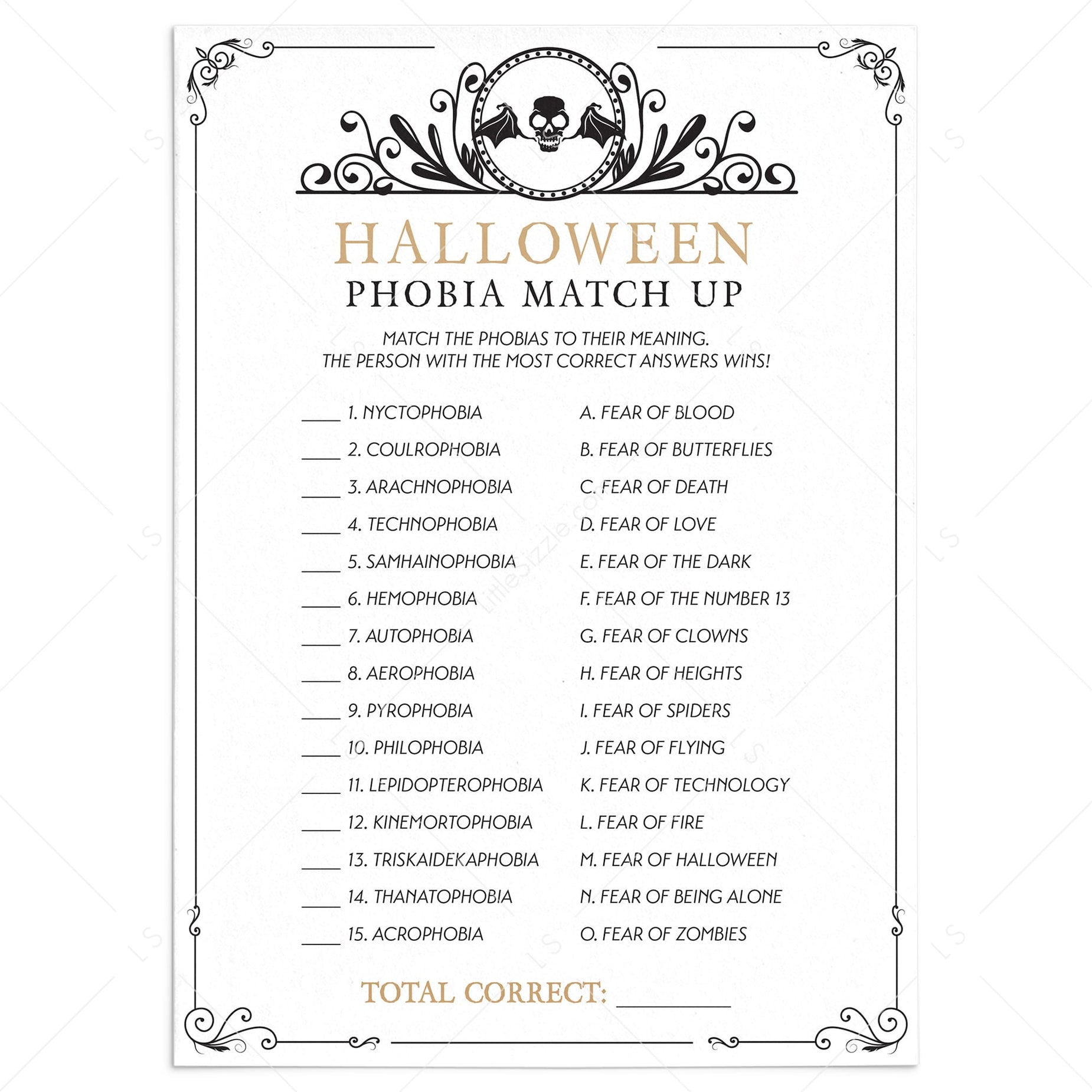 Halloween Phobia Match Up with Answer Key Printables – LittleSizzle