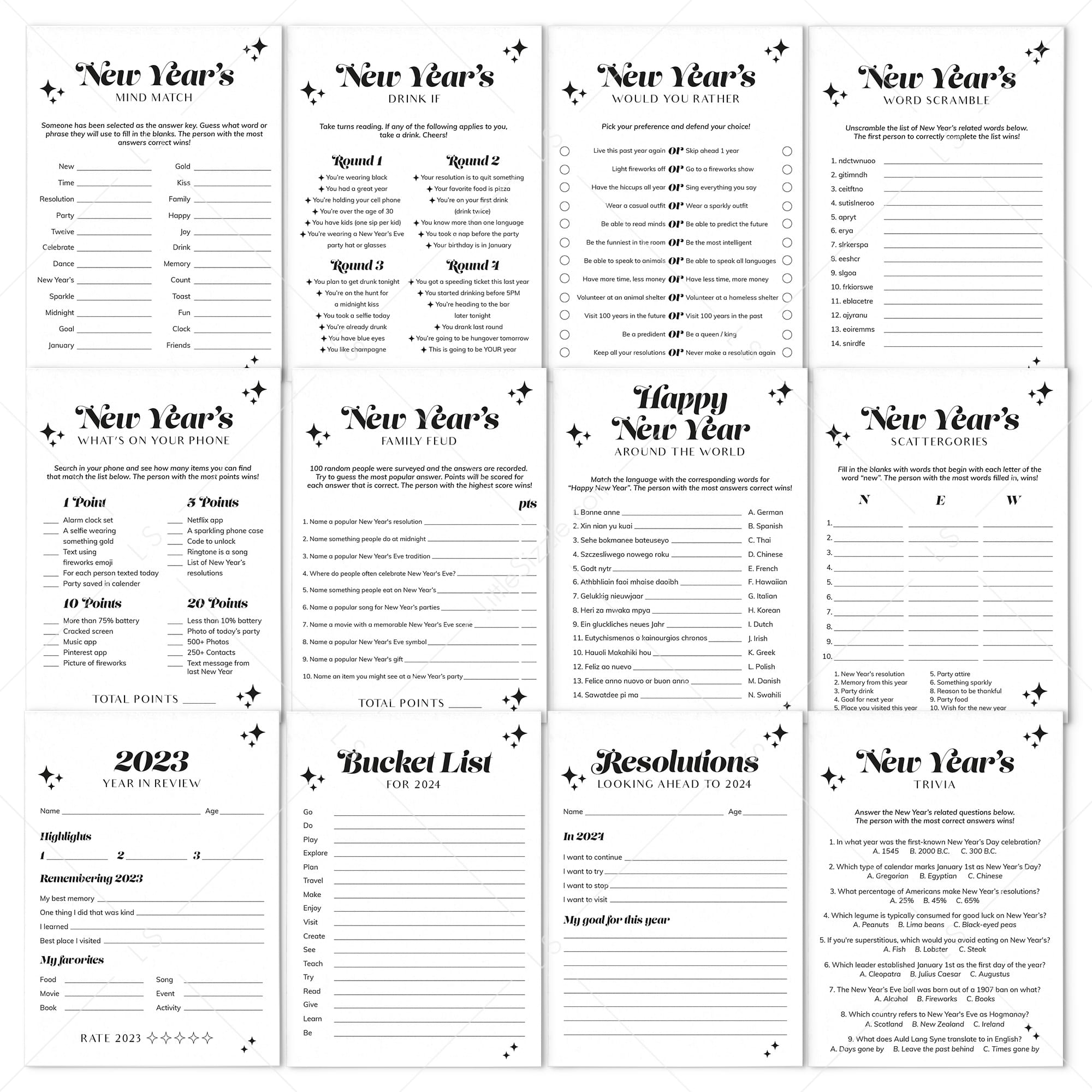 Minimalist Groovy New Year's Party Games Bundle Printable by LittleSizzle