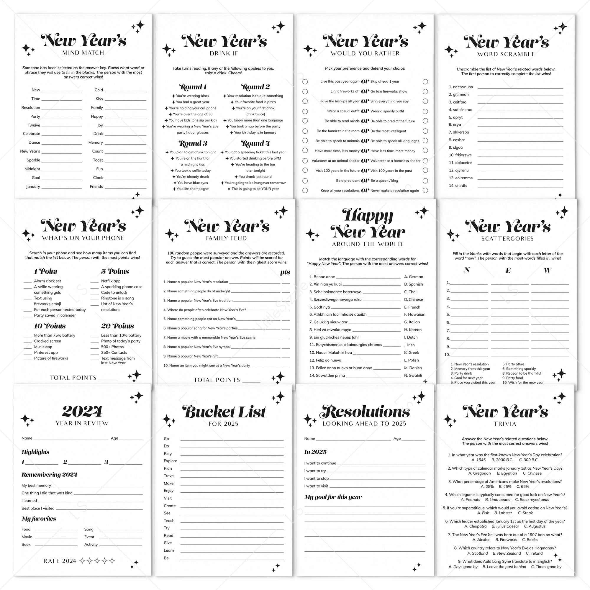 Minimalist Groovy New Year's Party Games Bundle Printable by LittleSizzle