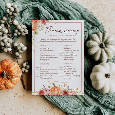 Friendsgiving Game What's On Your Phone Printable | Floral Pumpkin ...