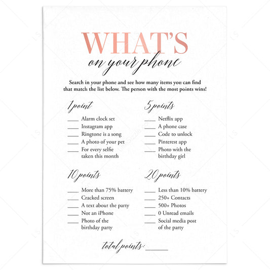 Fun Birthday Party Game What's On Your Phone Printable by LittleSizzle