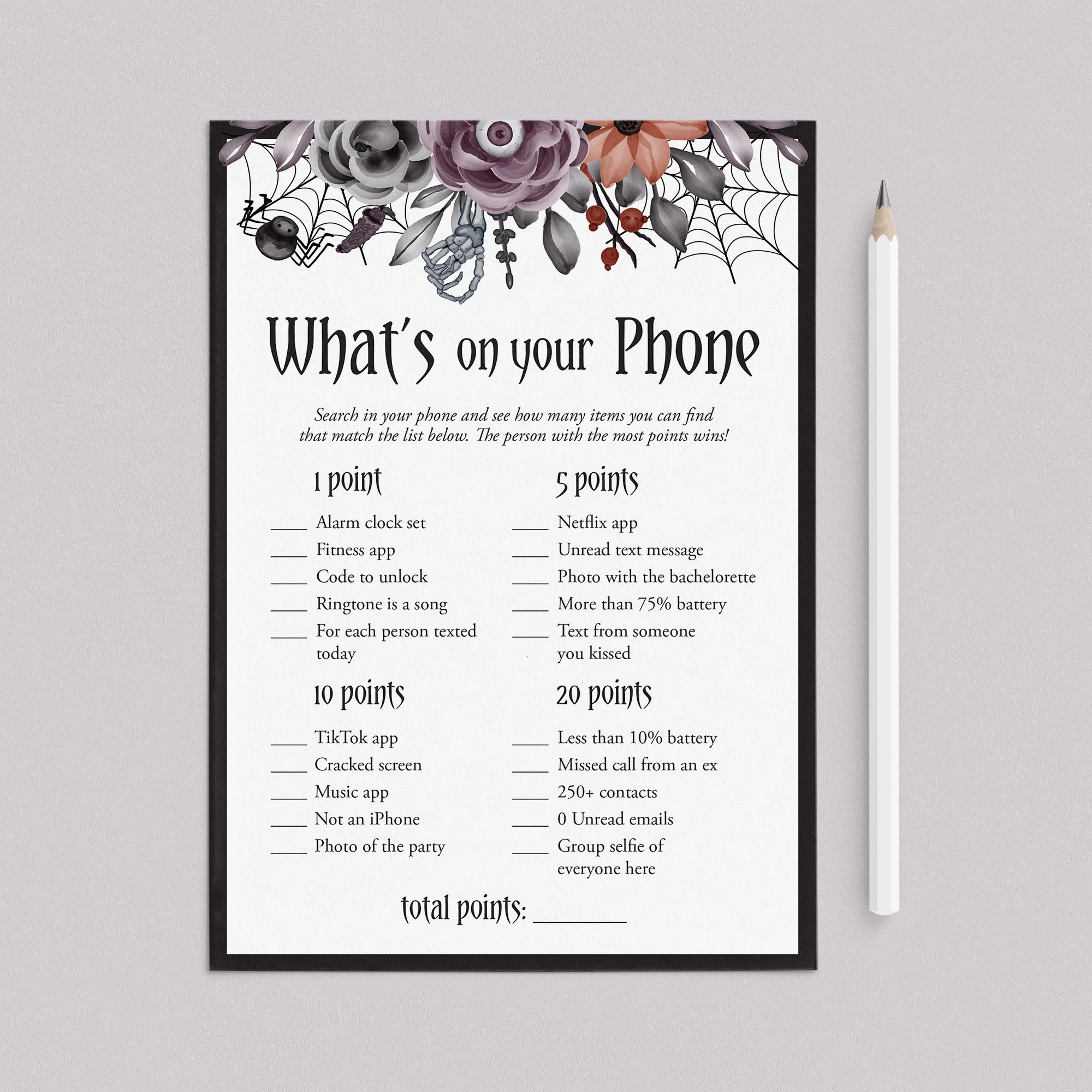 Floral Halloween Bachelorette Party Phone Game Printable by LittleSizzle