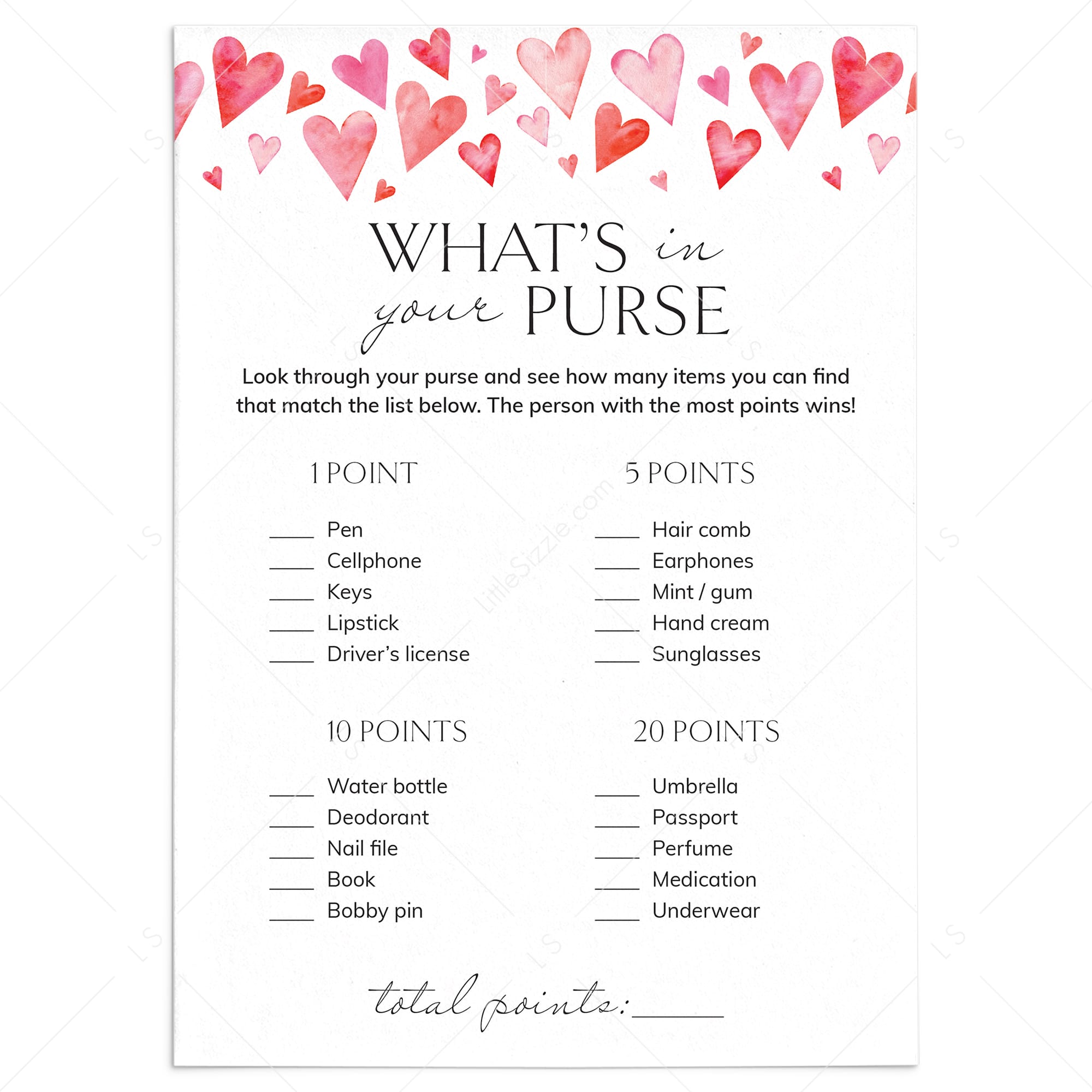 Galentines Game What's In Your Purse Printable PDF by LittleSizzle