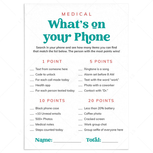 Medical What's On Your Phone Game Printable by LittleSizzle