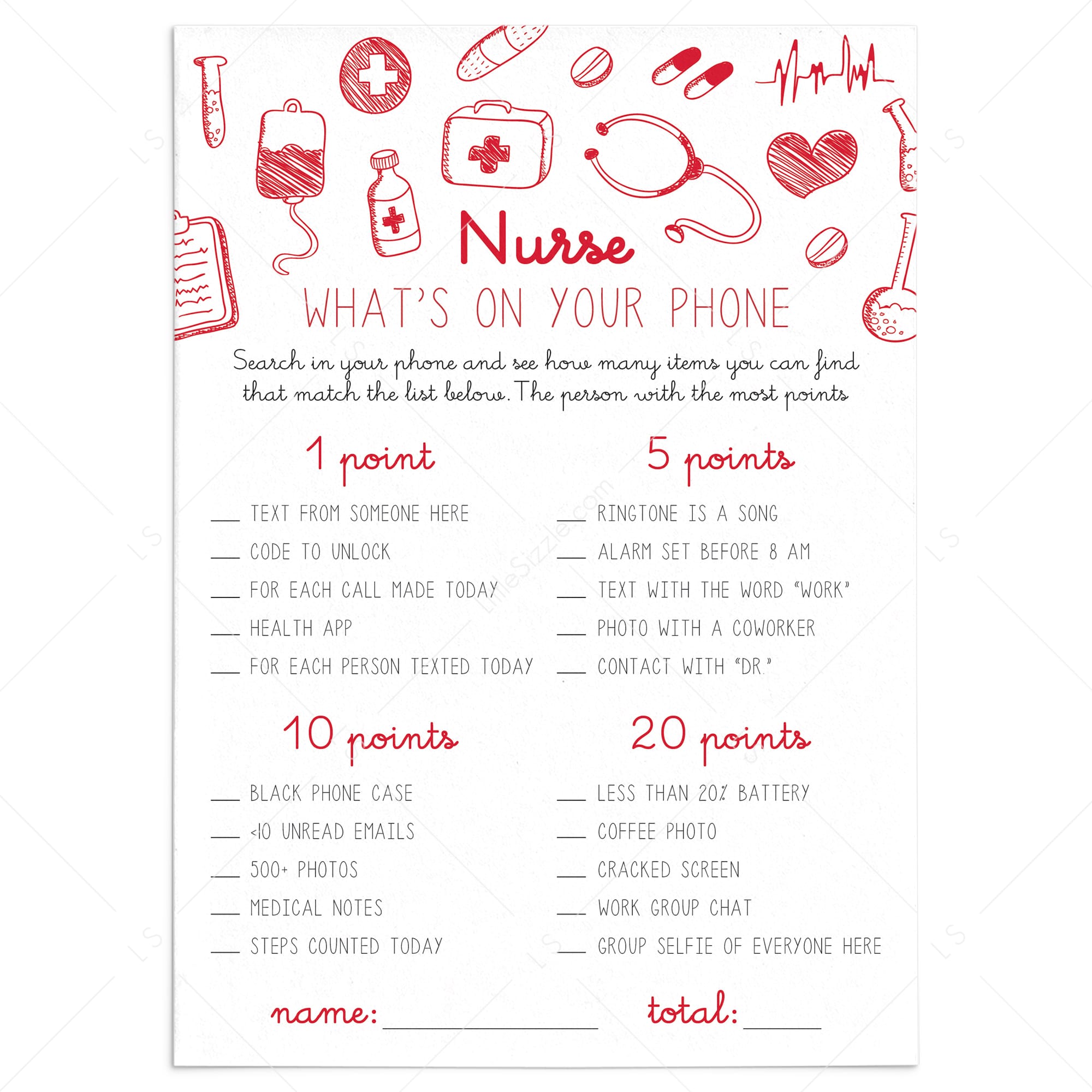 Nurse What's On Your Phone Game Printable by LittleSizzle