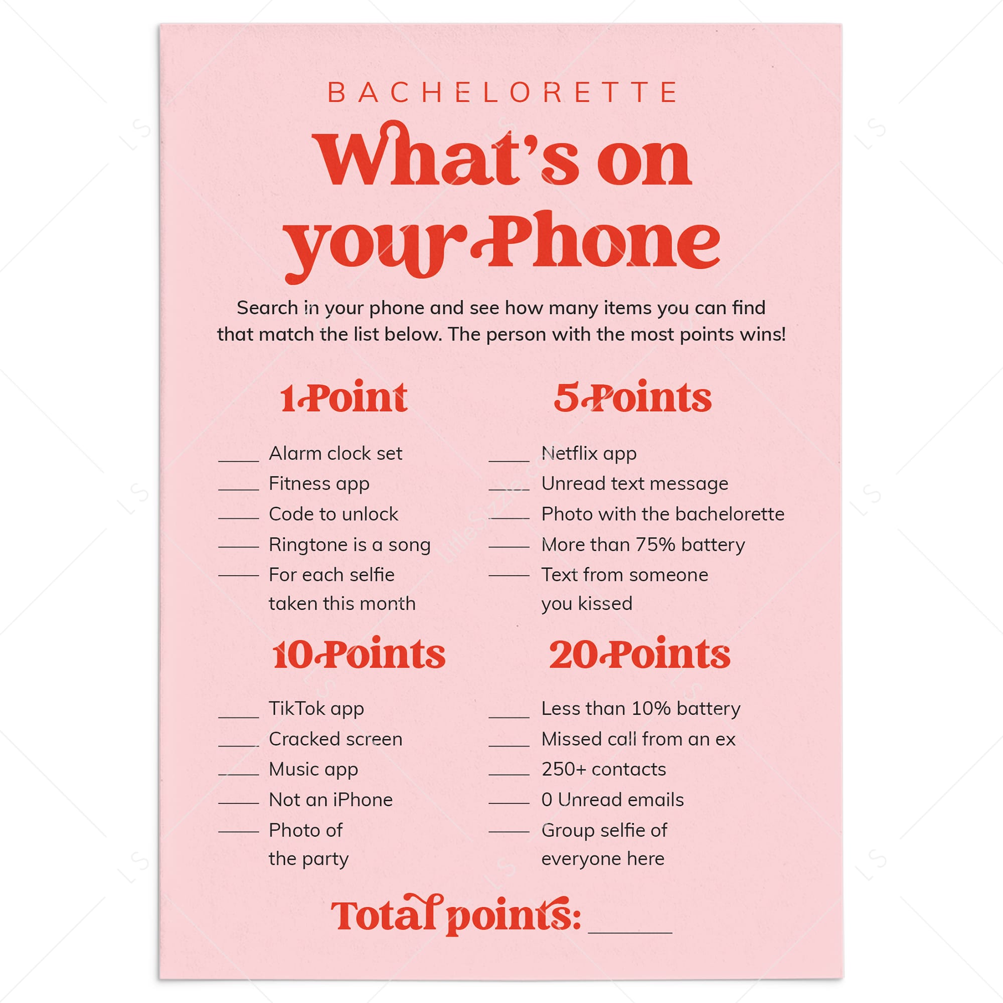 Bachelorette Party Phone Game Printable Pink and Red by LittleSizzle