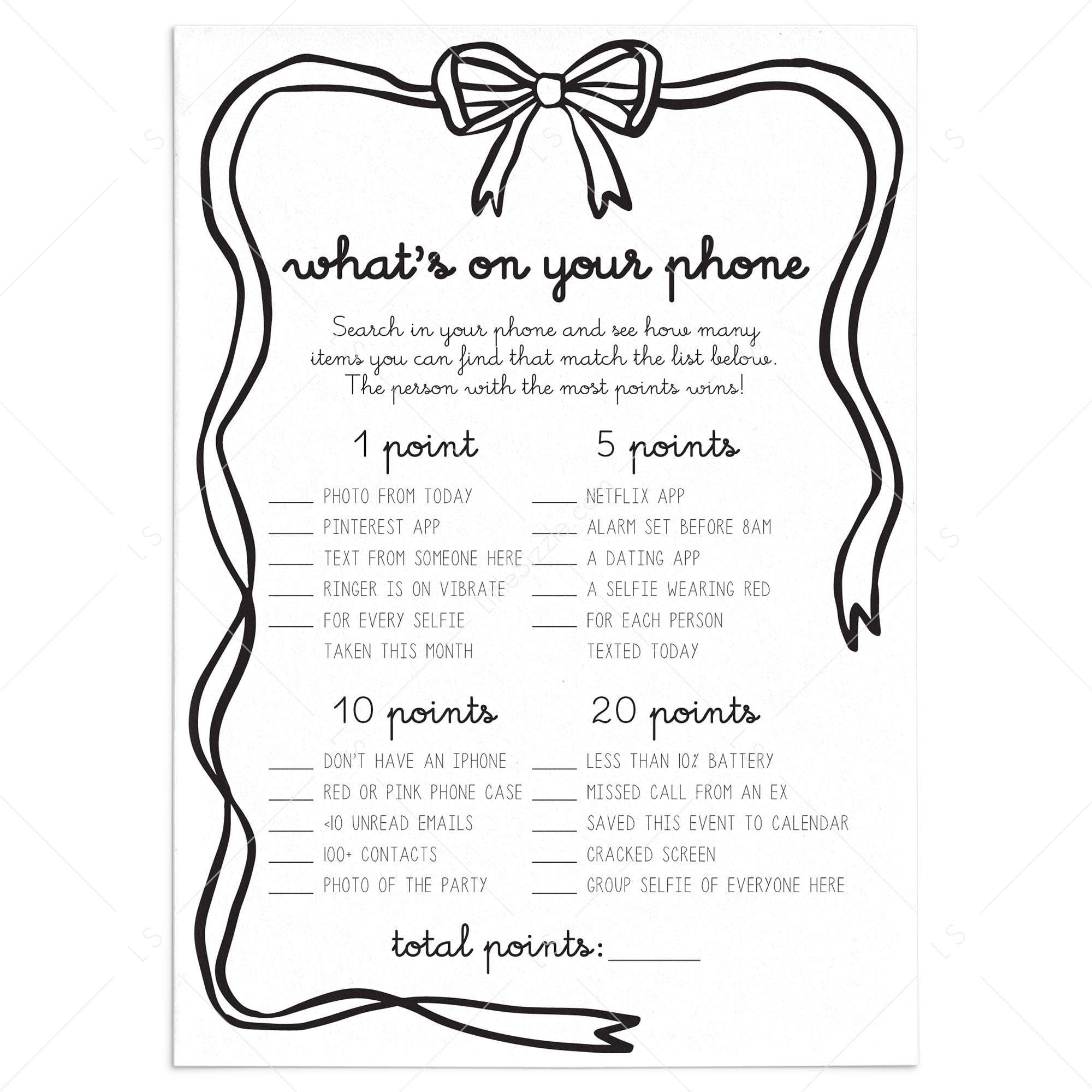Girls Night Phone Game Printable What's On Your Phone Coquette Bow by LittleSizzle