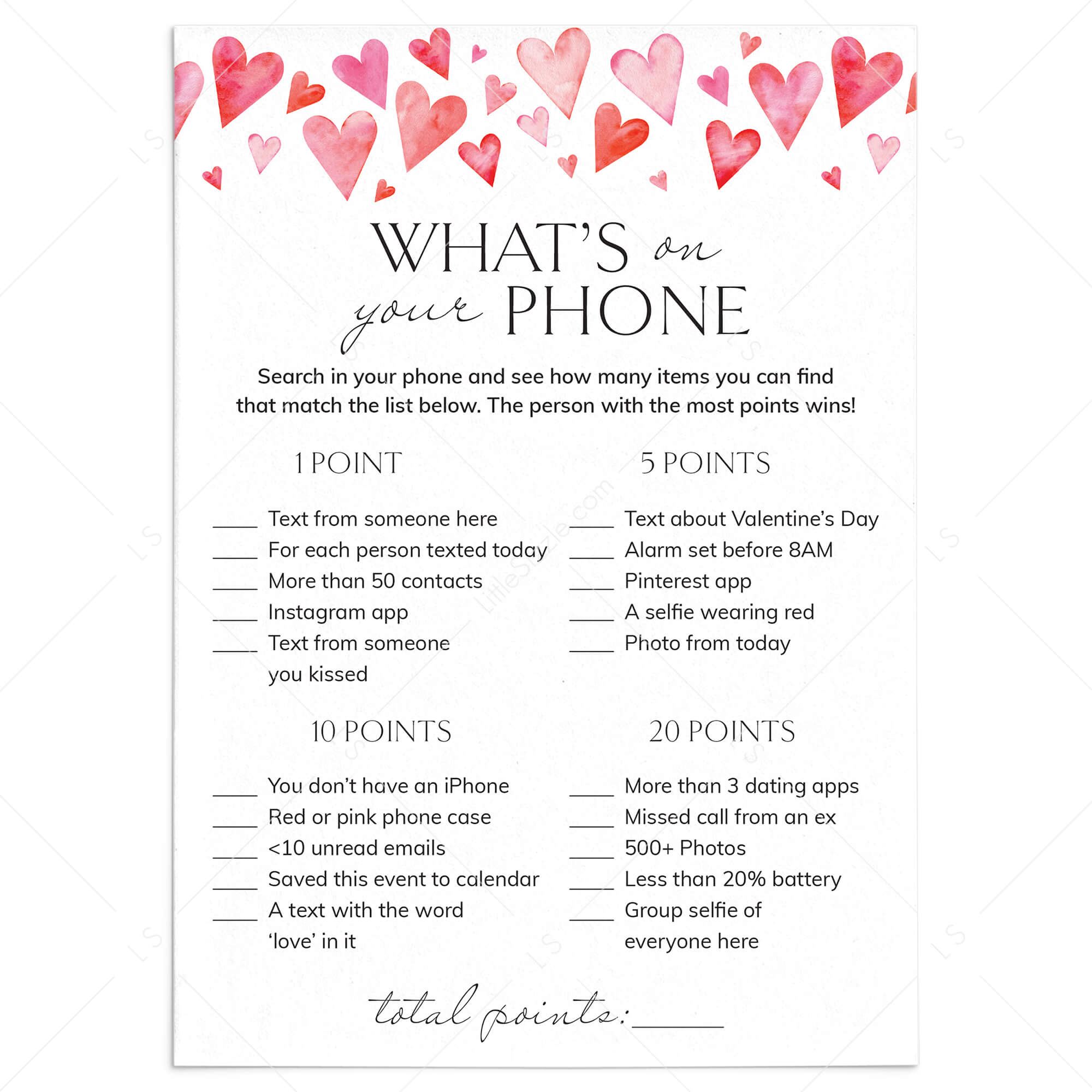 Printable What's On Your Phone Game for Valentine's Day by LittleSizzle