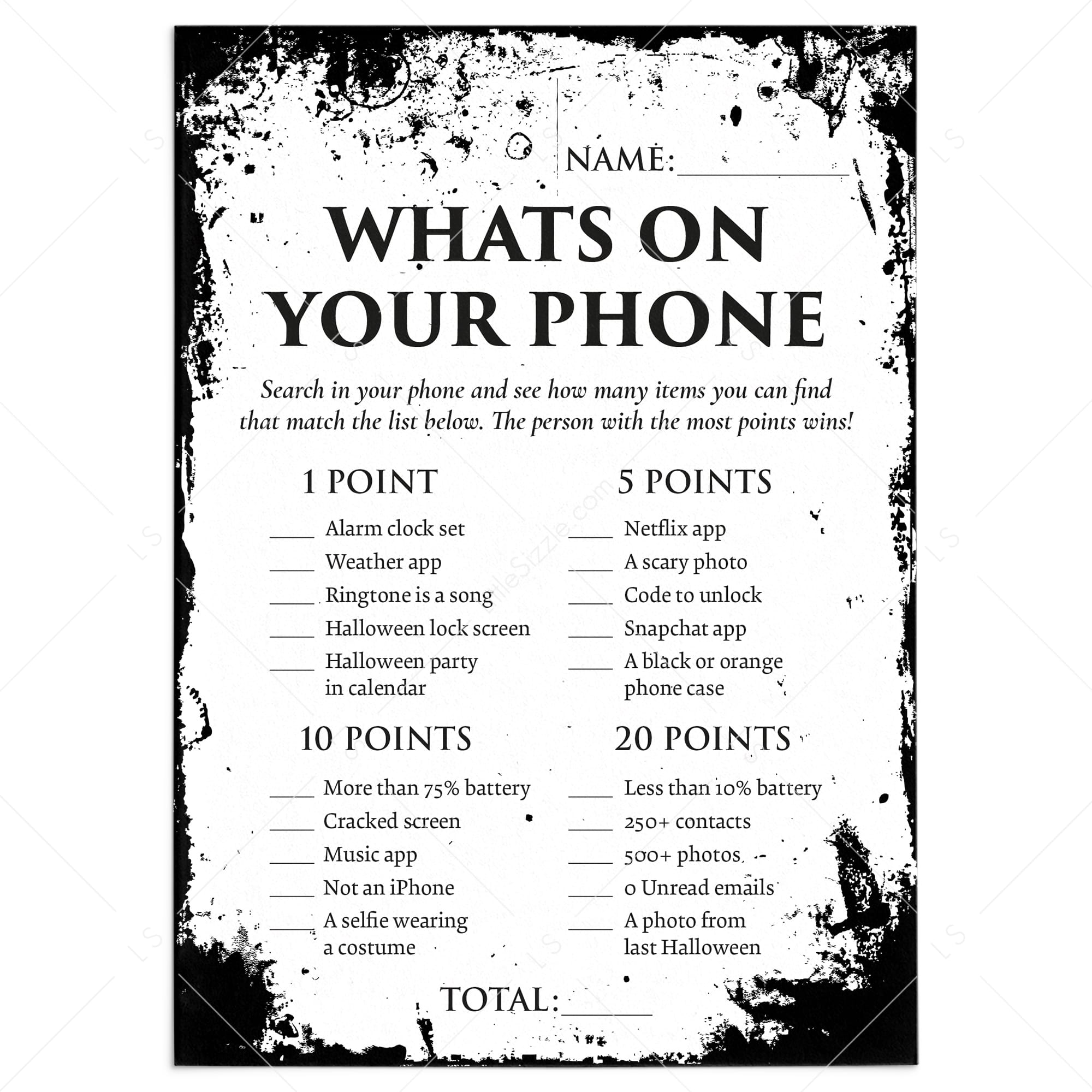 What's On Your Phone Halloween Edition Printable Game by LittleSizzle