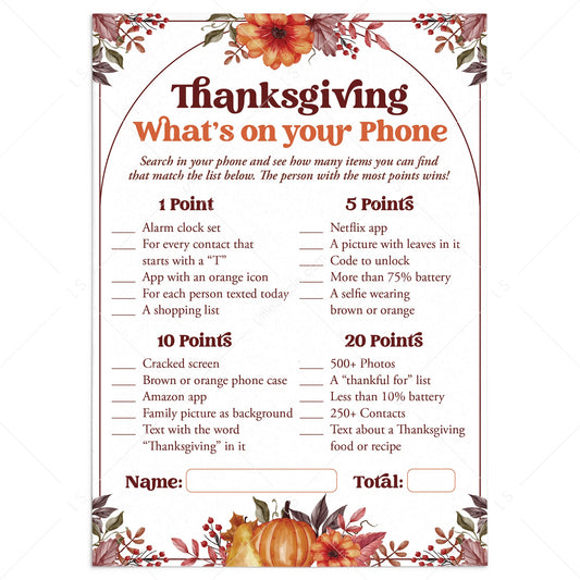 Thanksgiving Phone Game for Adults Printable by LittleSizzle