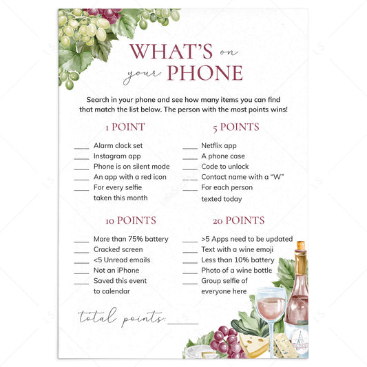 Printable What's On Your Phone Wine Game by LittleSizzle