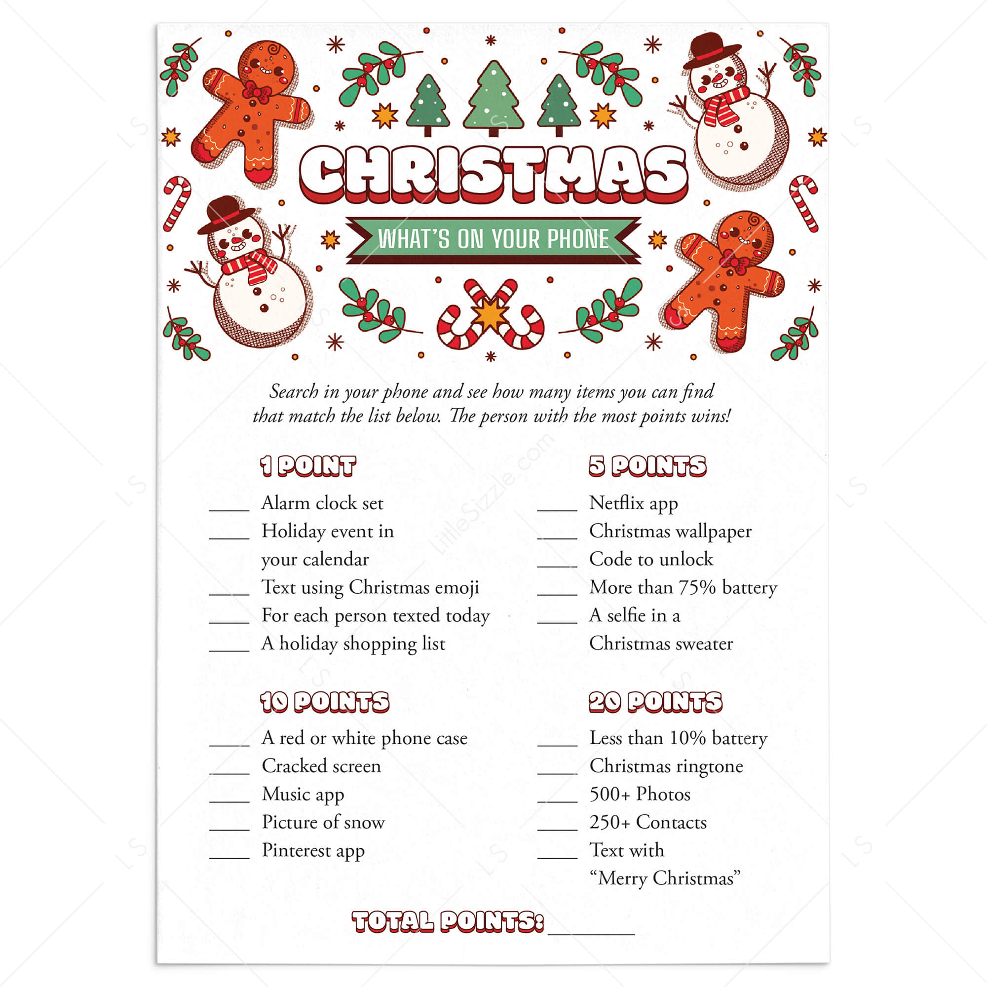 Funny Christmas Party Game Whats In Your Phone Printable by LittleSizzle