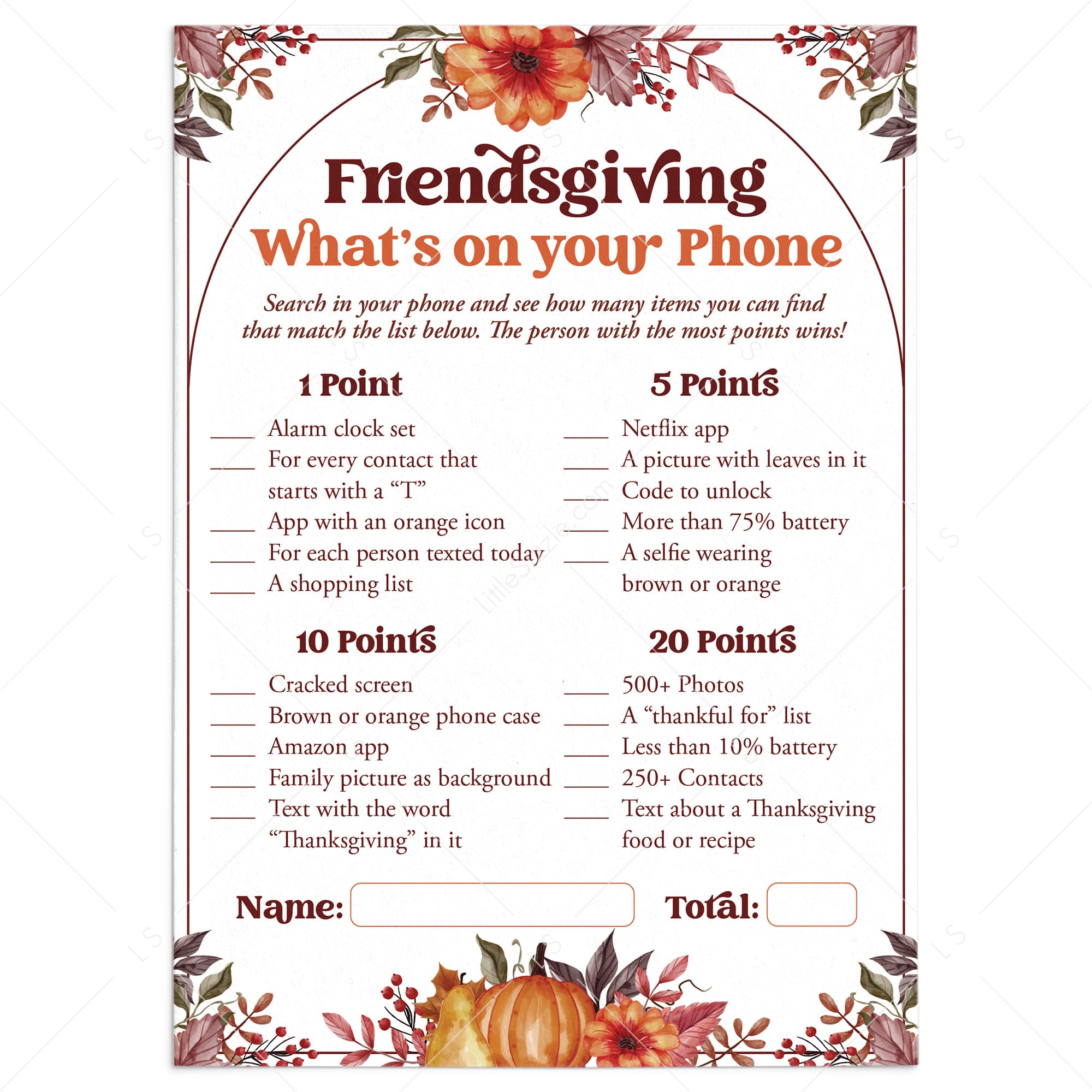 Friendsgiving Game for Adults Printable What's On Your Phone by LittleSizzle