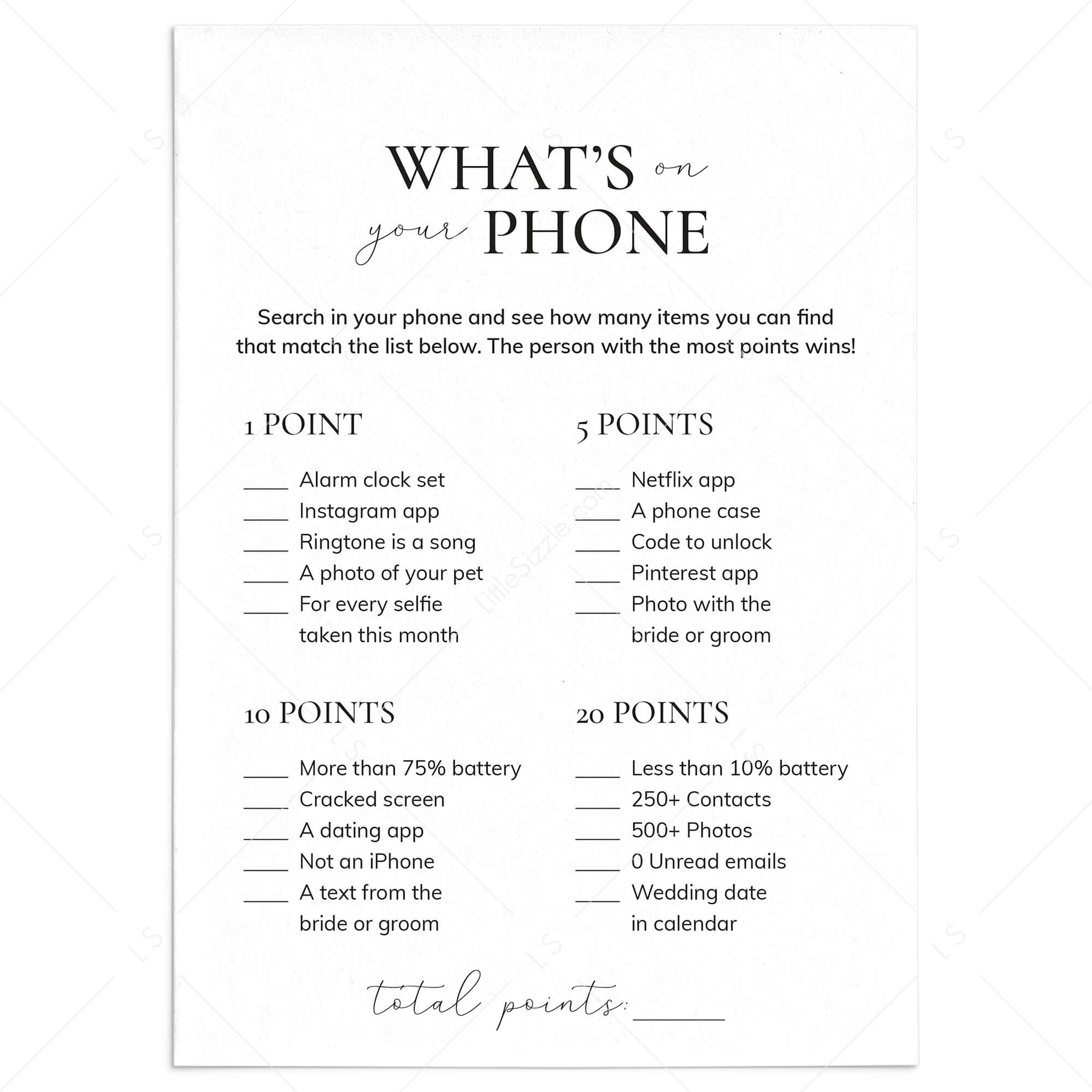 What's On Your Phone Engagement Party Game Printable nby LittleSizzle