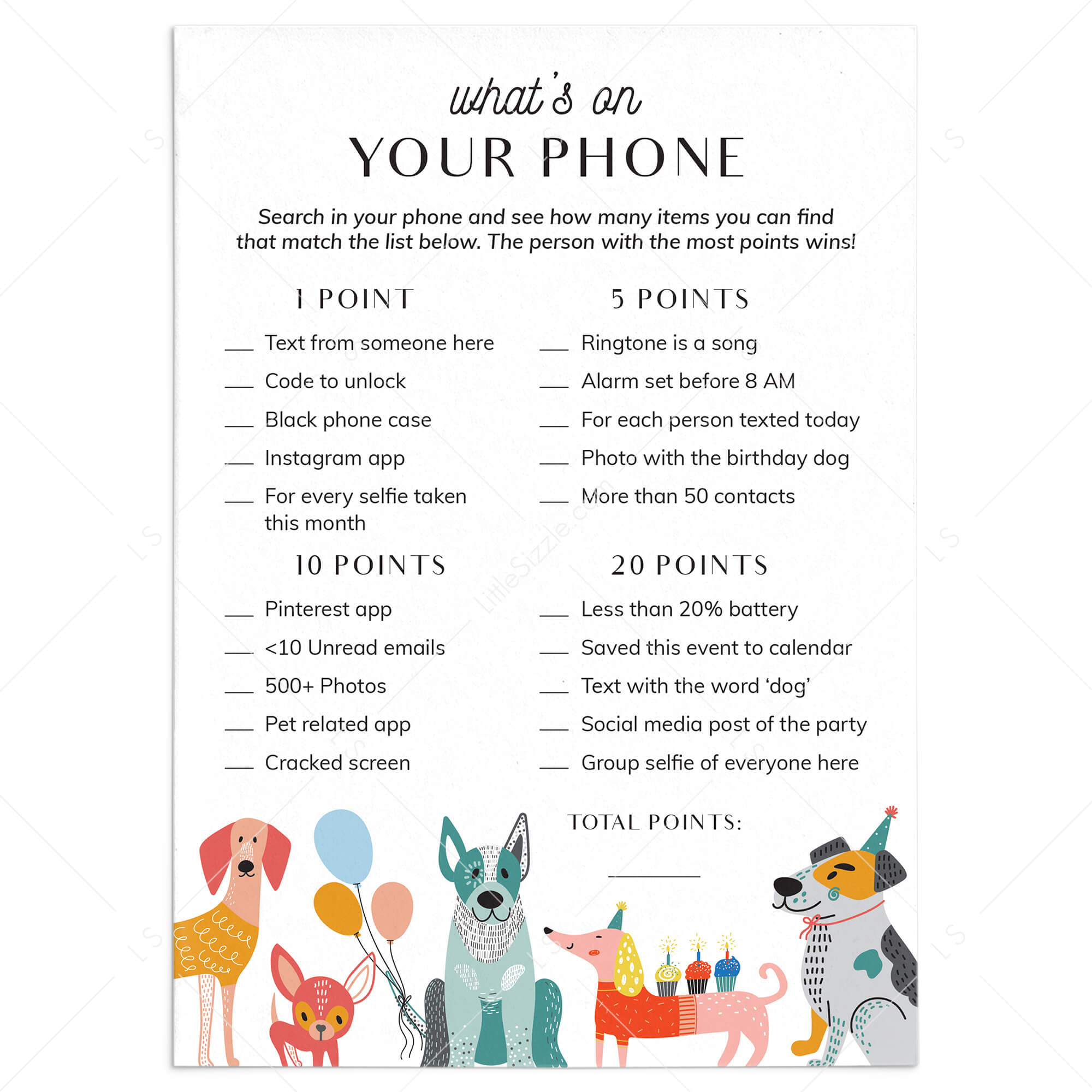 Dog Birthday What's On Your Phone Game Printable by LittleSizzle