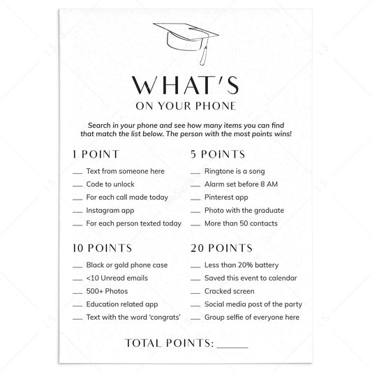 Grad Party Game Whats On Your Phone Printable by LittleSizzle