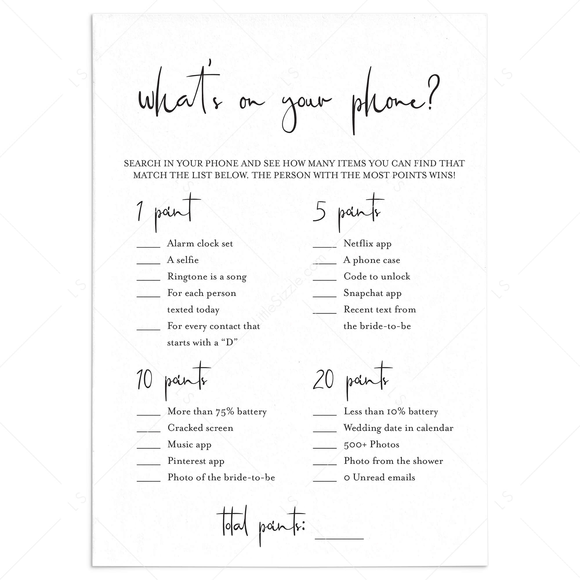 Whats On Your Phone Game for Bridal Shower Printable by LittleSizzle