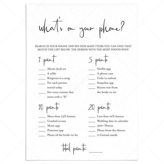 Whats On Your Phone Game for Bridal Shower Printable by LittleSizzle