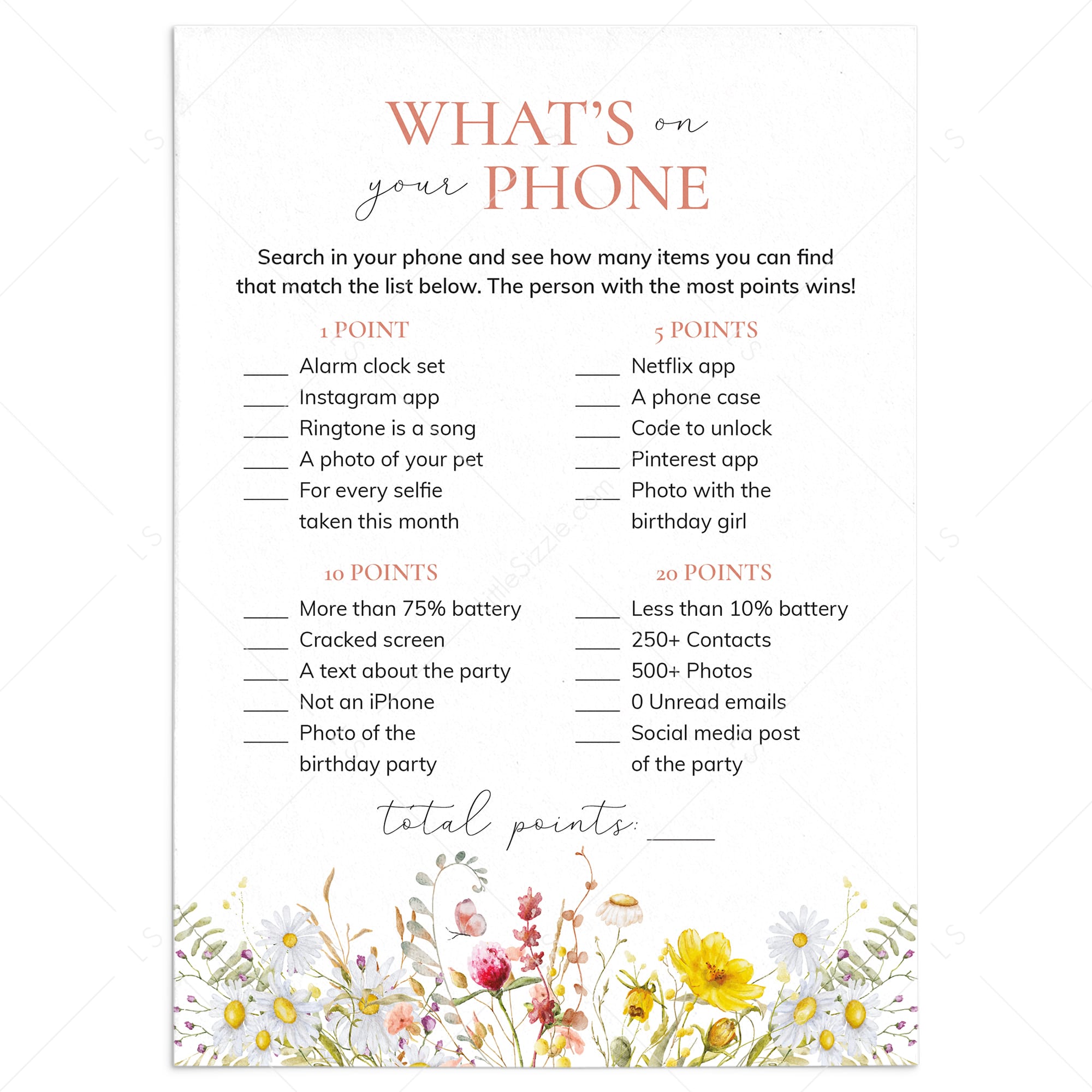 Whats In Your Phone Wildflower Birthday Party Game by LittleSizzle