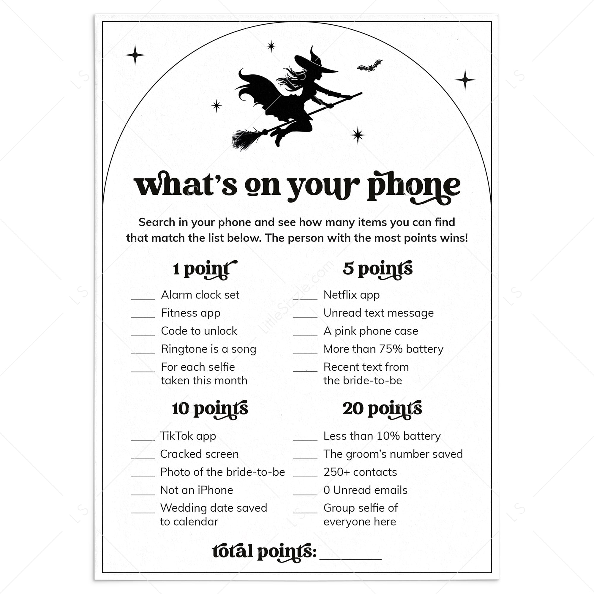 Sexy Witch Bridal Shower Game Whats On Your Phone Digital Download by LittleSizzle