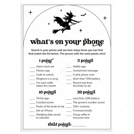 Sexy Witch Bridal Shower Game Whats On Your Phone Digital Download by LittleSizzle
