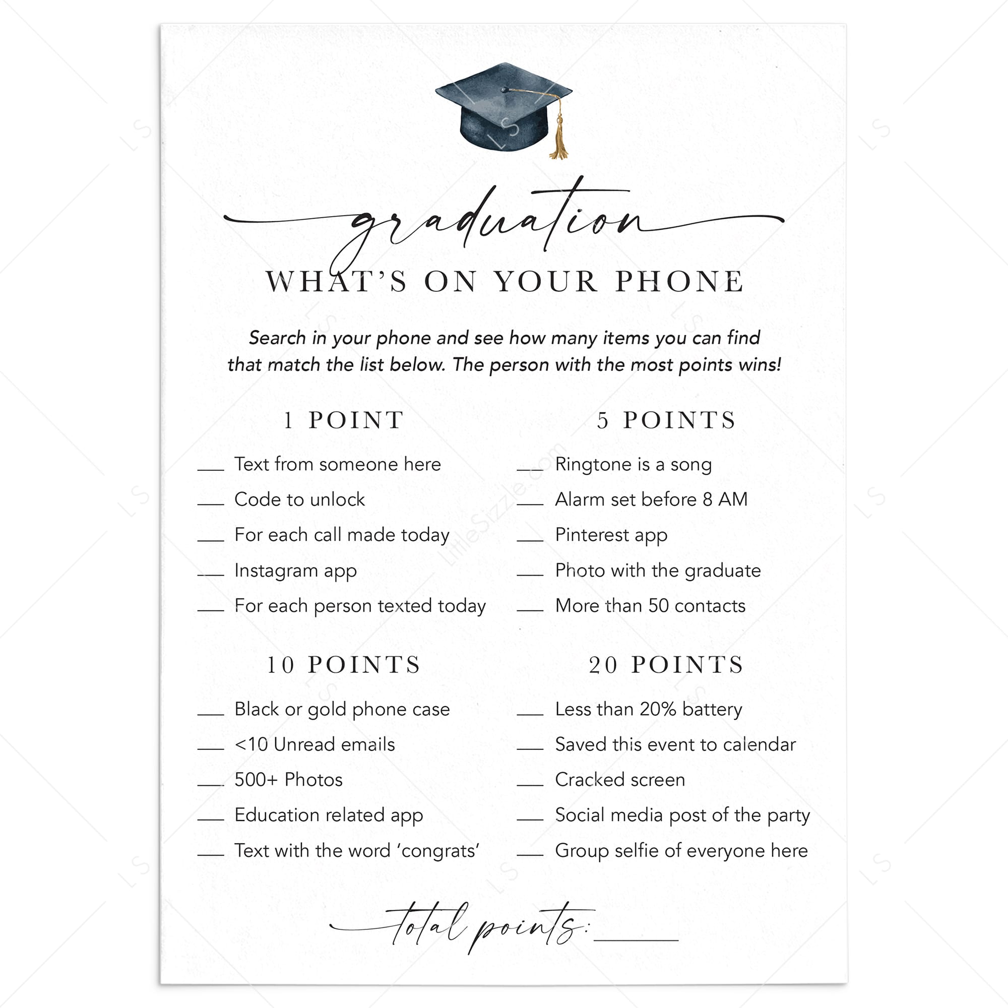 Graduation Phone Game Printable What's On Your Phone by LittleSizzle