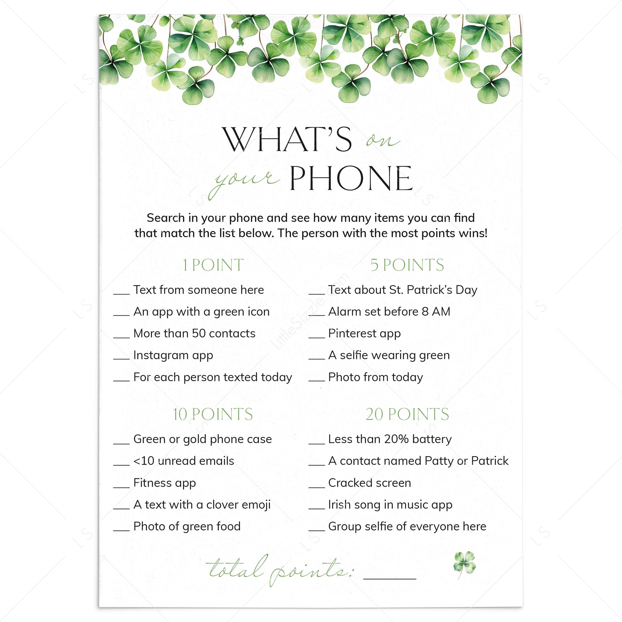 Printable St Patrick's Day What's On Your Phone Game by LittleSizzle