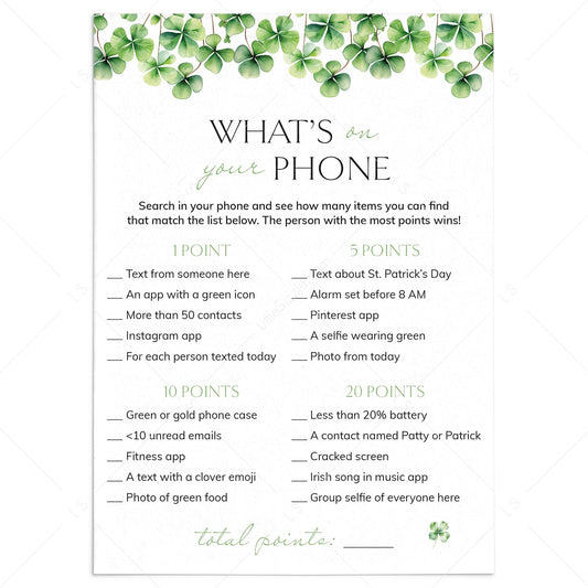 Printable St Patrick's Day What's On Your Phone Game by LittleSizzle