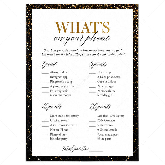 Gold and Black Birthday Party Game Whats On Your Phone Printable by LittleSizzle