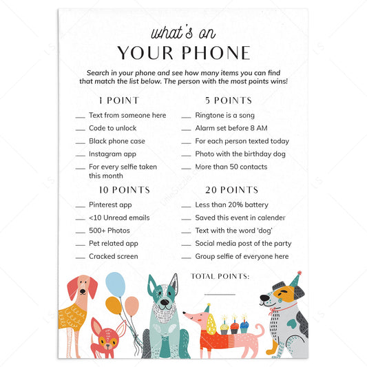 Dog Birthday What's On Your Phone Game Printable by LittleSizzle