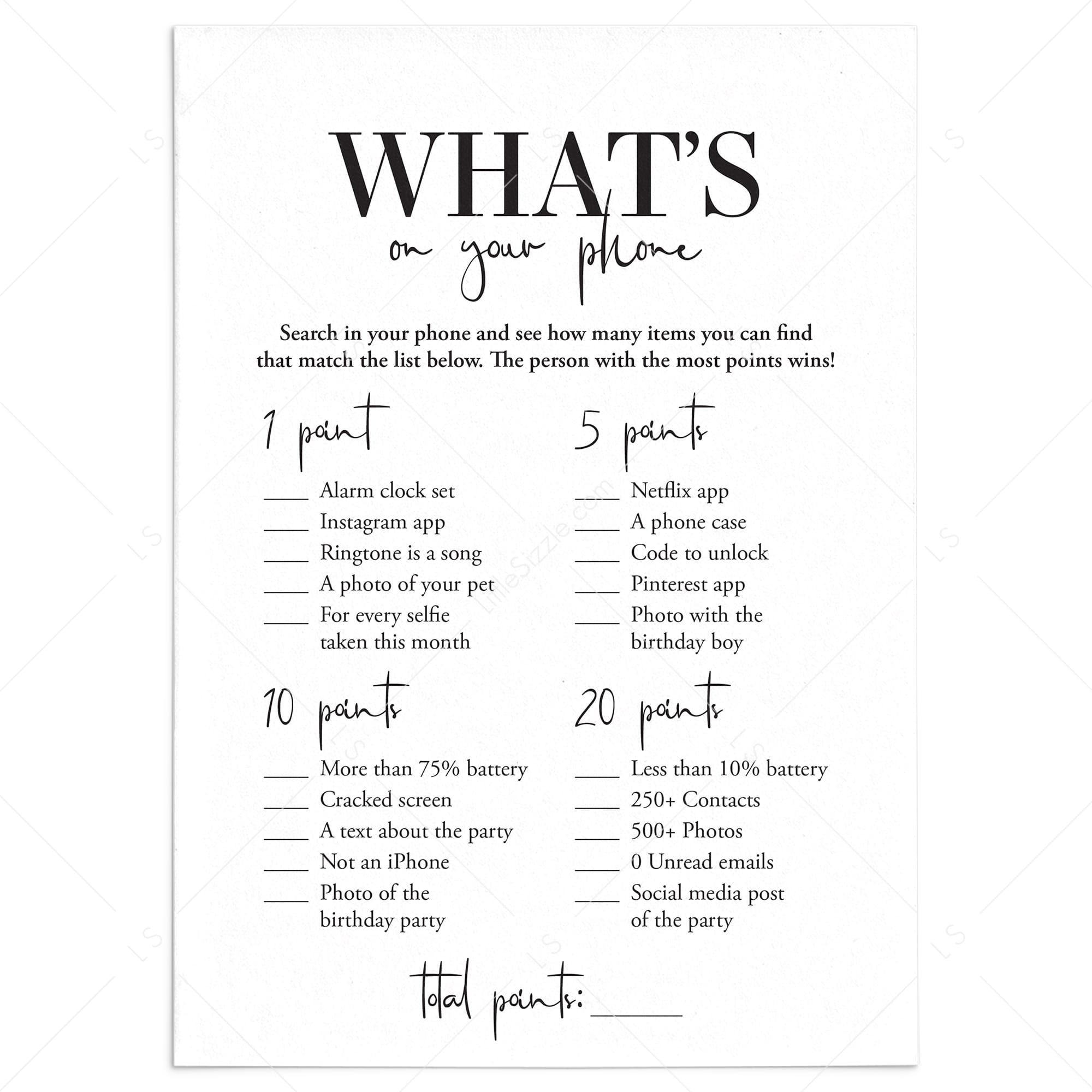 Printable Mens Birthday Party Game What's On Your Phone by LittleSizzle