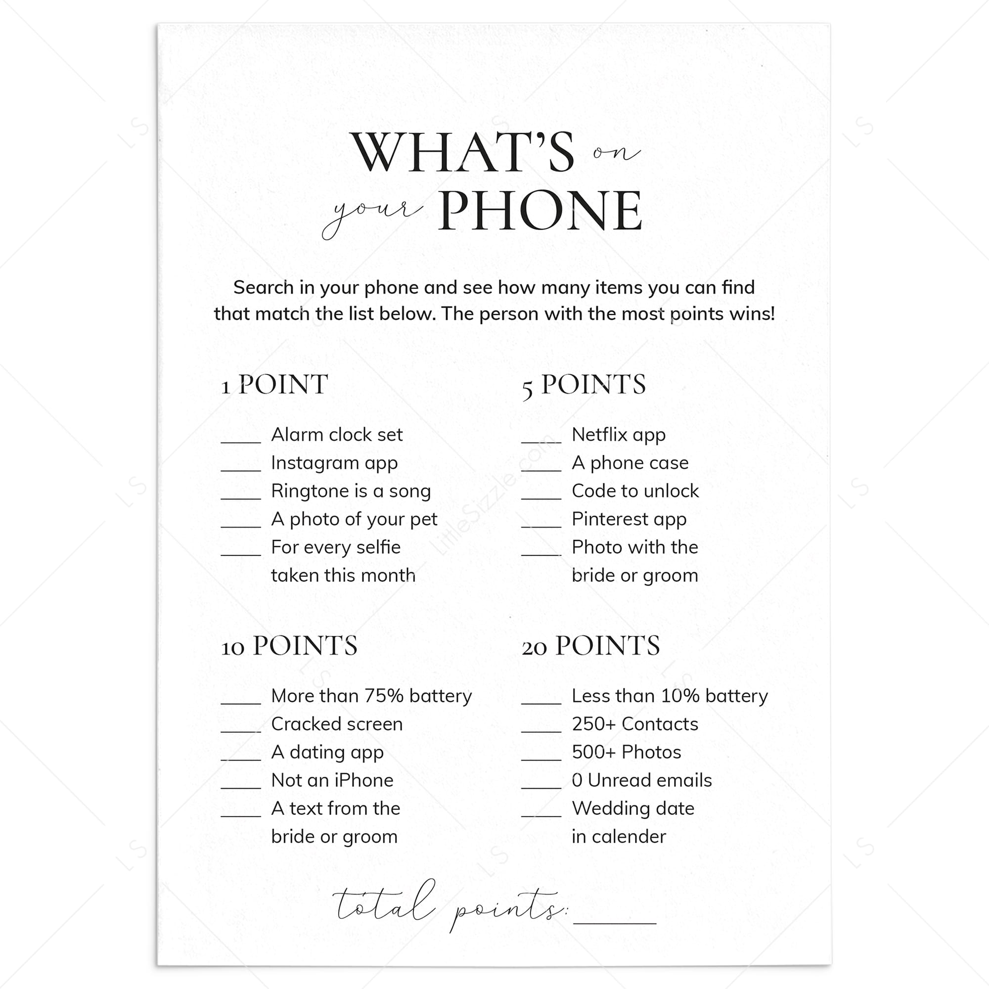 What's On Your Phone Engagement Party Game Printable by LittleSizzle